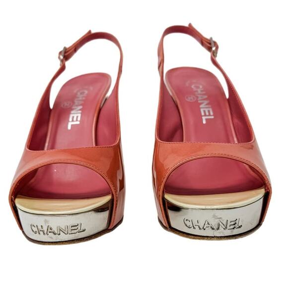 Chanel Pink Patent Leather Platform Block Heel Sling Backs size 37.5/ US6.5–7 - Picture 2 of 15